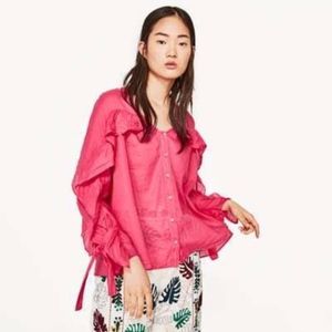 Zara Semi Sheer Ruffle Detail Long Sleeve Blouse